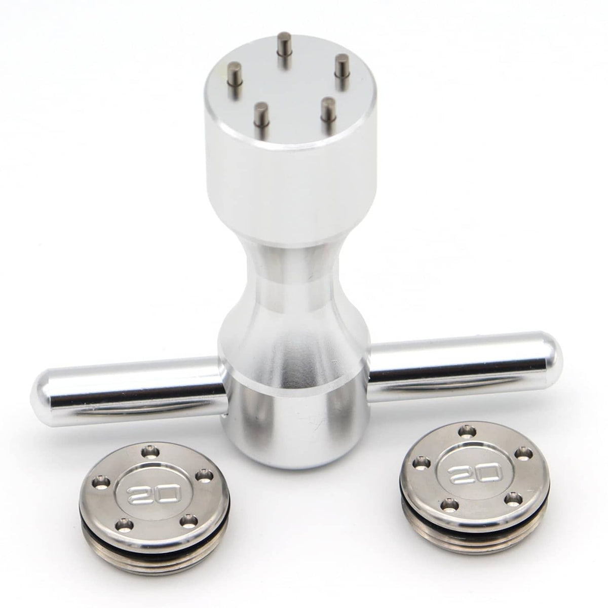 Silver putter weight tool with two 20g discs and wrench handle