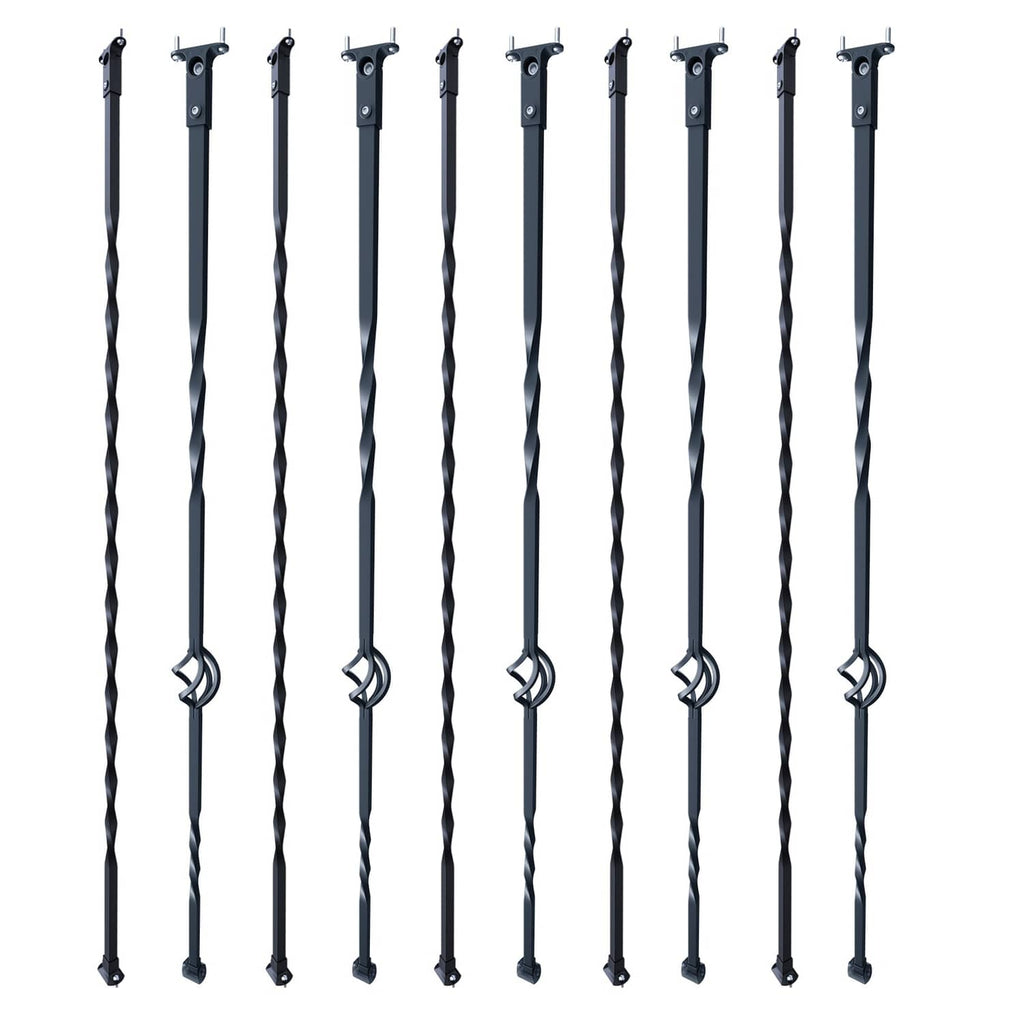Black twisted staircase spindles set of 10, with mounting brackets and spiral stems