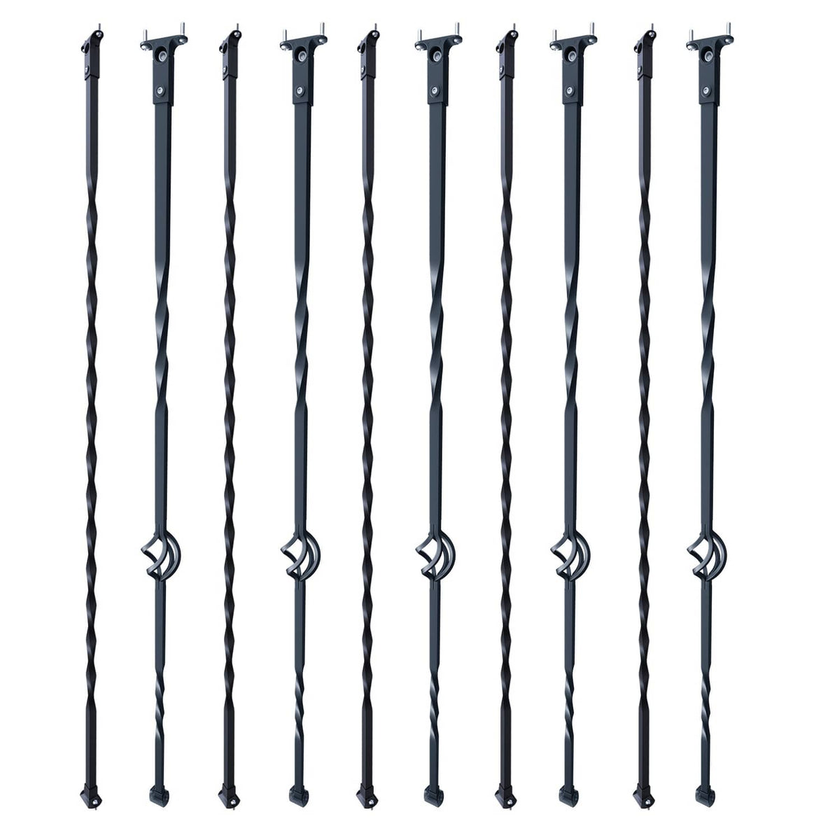 Black twisted staircase spindles set of 10, with mounting brackets and spiral stems