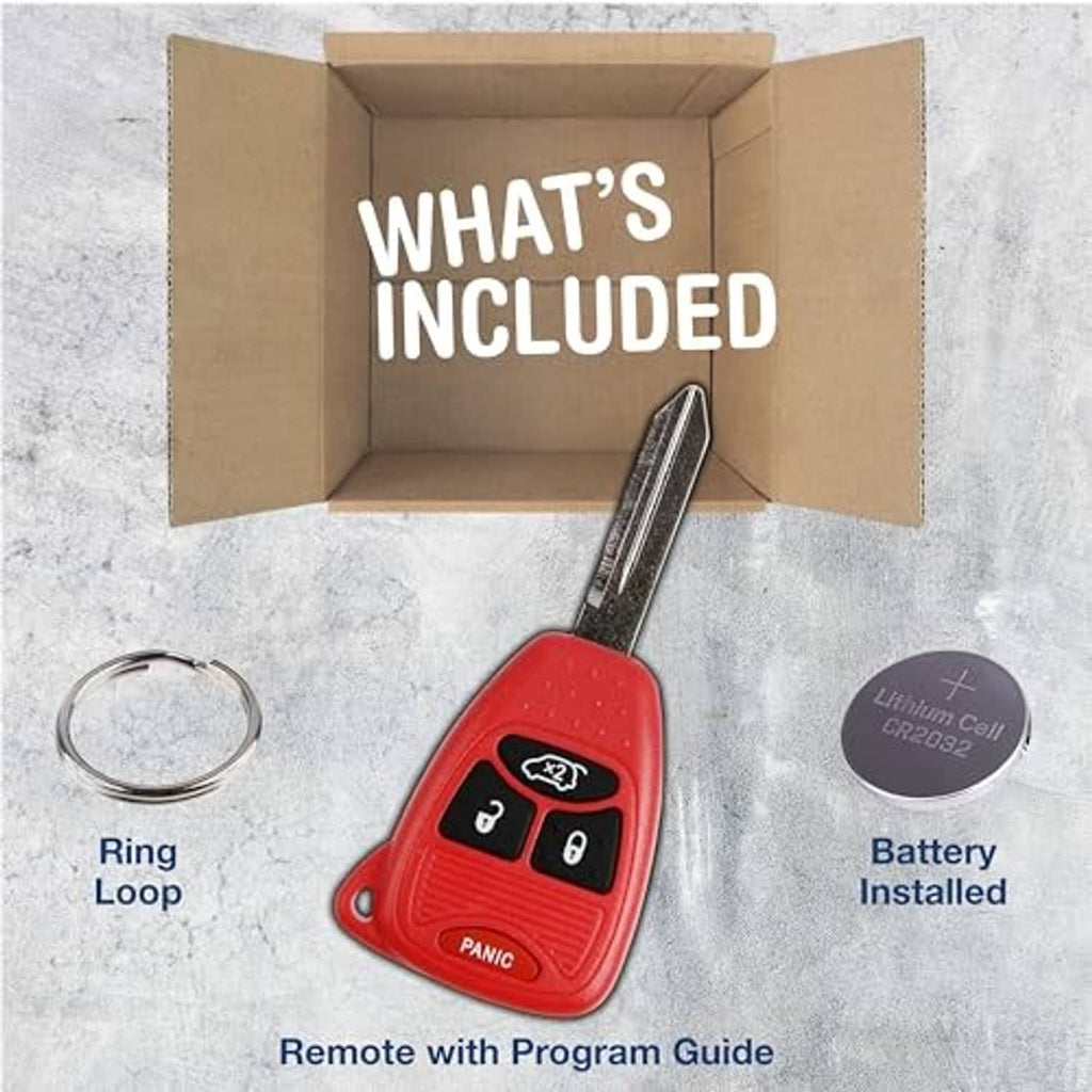 Red key fob with metal key blade; ring loop, battery and program guide shown