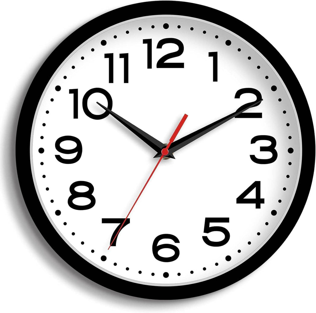 Black wall clock with white face, large black numbers, red second hand and black hour hands