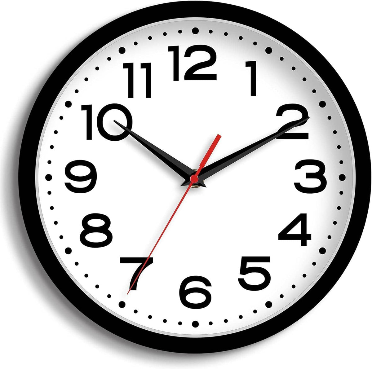 Black wall clock with white face, large black numbers, red second hand and black hour hands