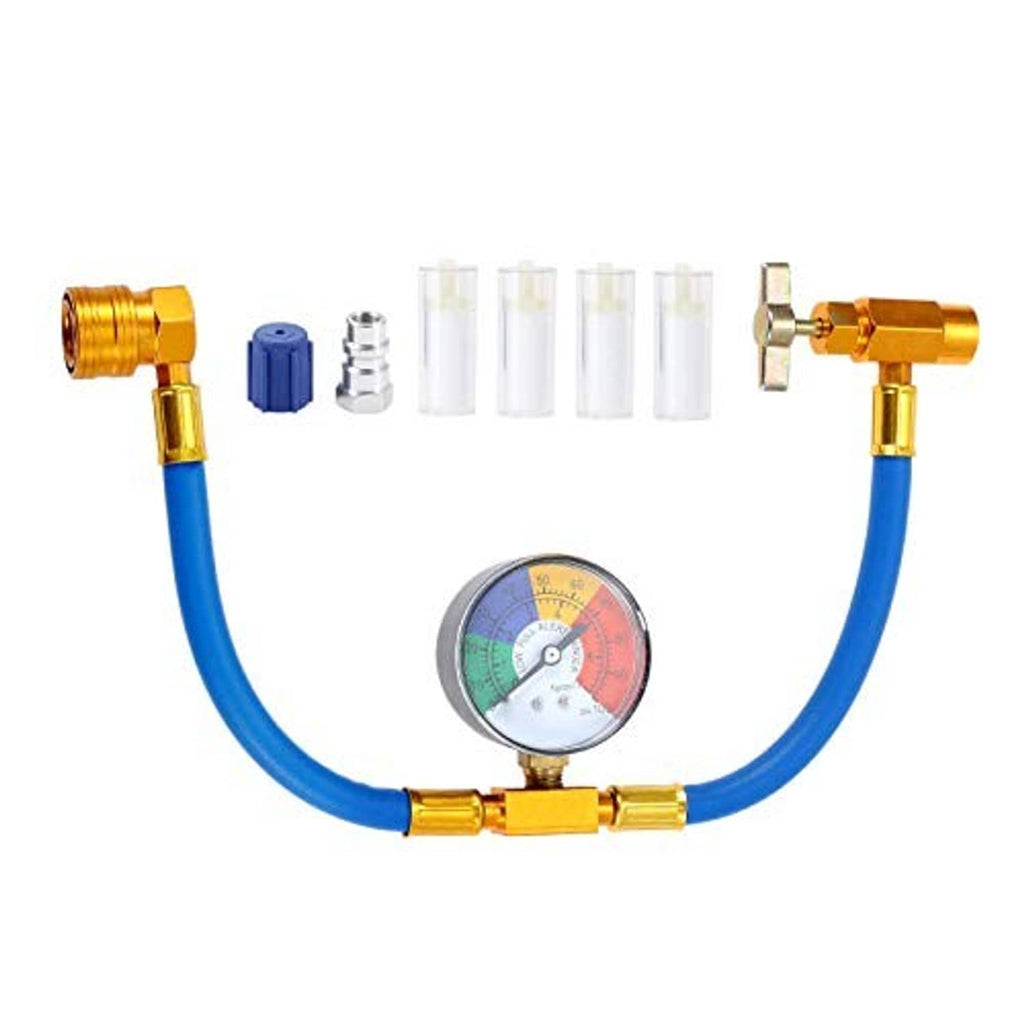 Complete AC refrigerant recharge hose kit with blue hose, pressure gauge, brass couplers