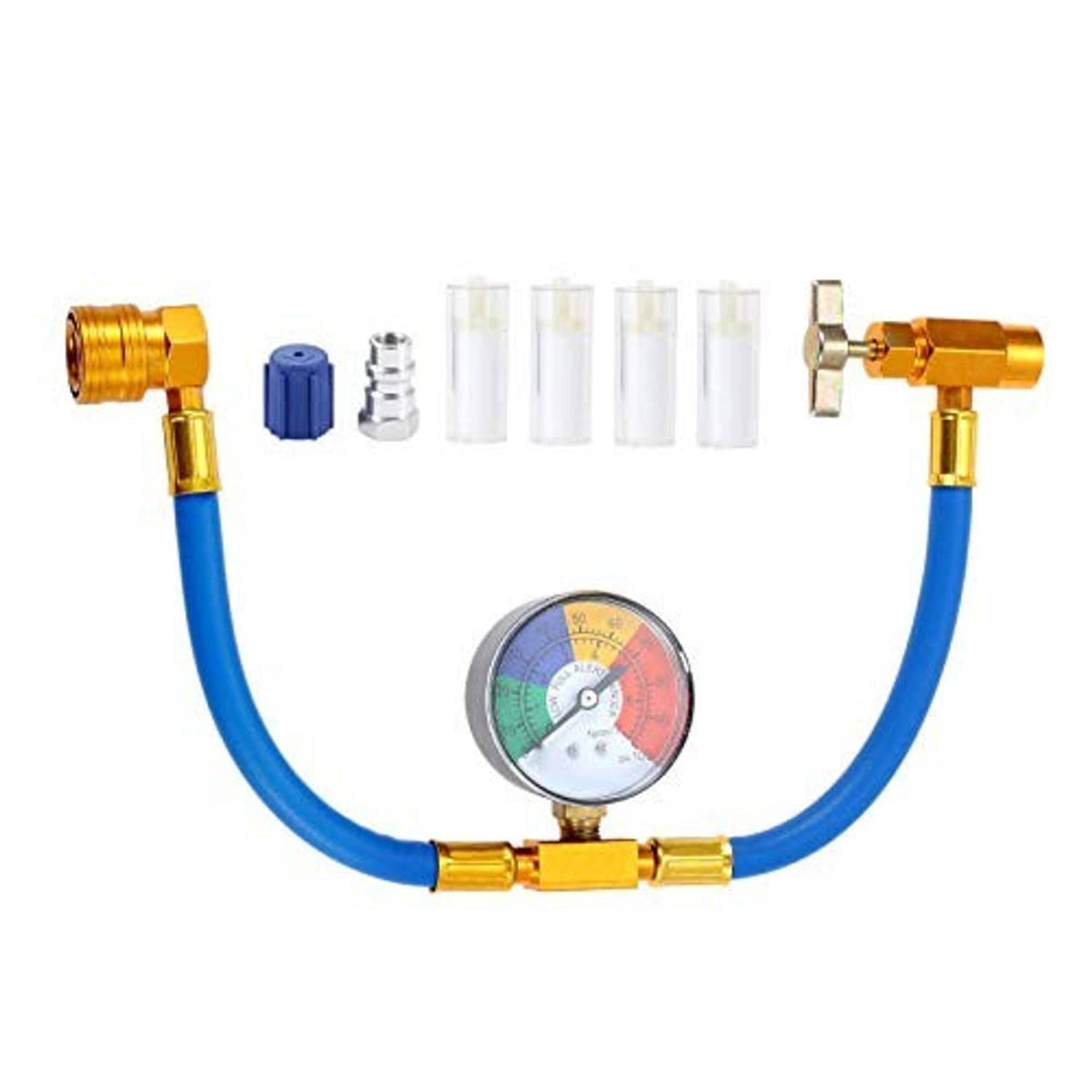 Complete AC refrigerant recharge hose kit with blue hose, pressure gauge, brass couplers