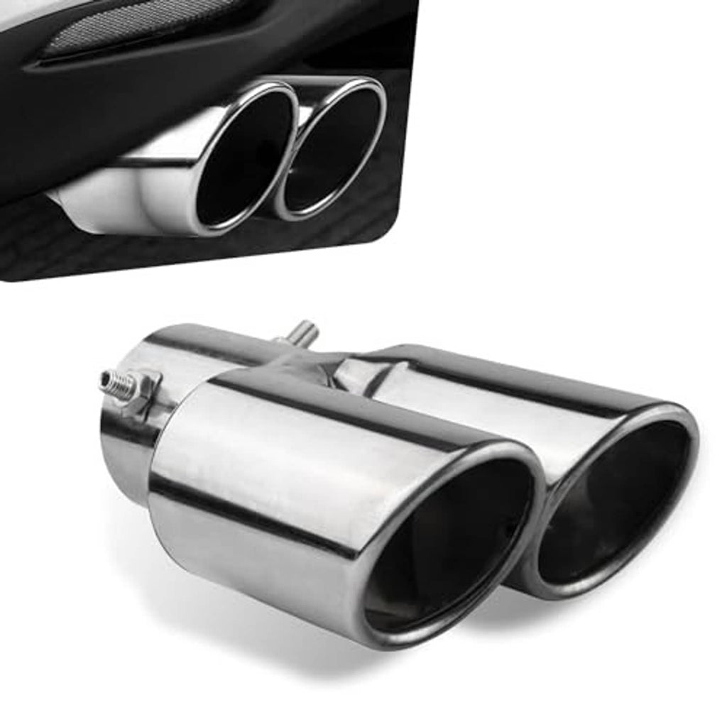 Silver stainless steel dual-outlet straight exhaust tip with twin round black openings