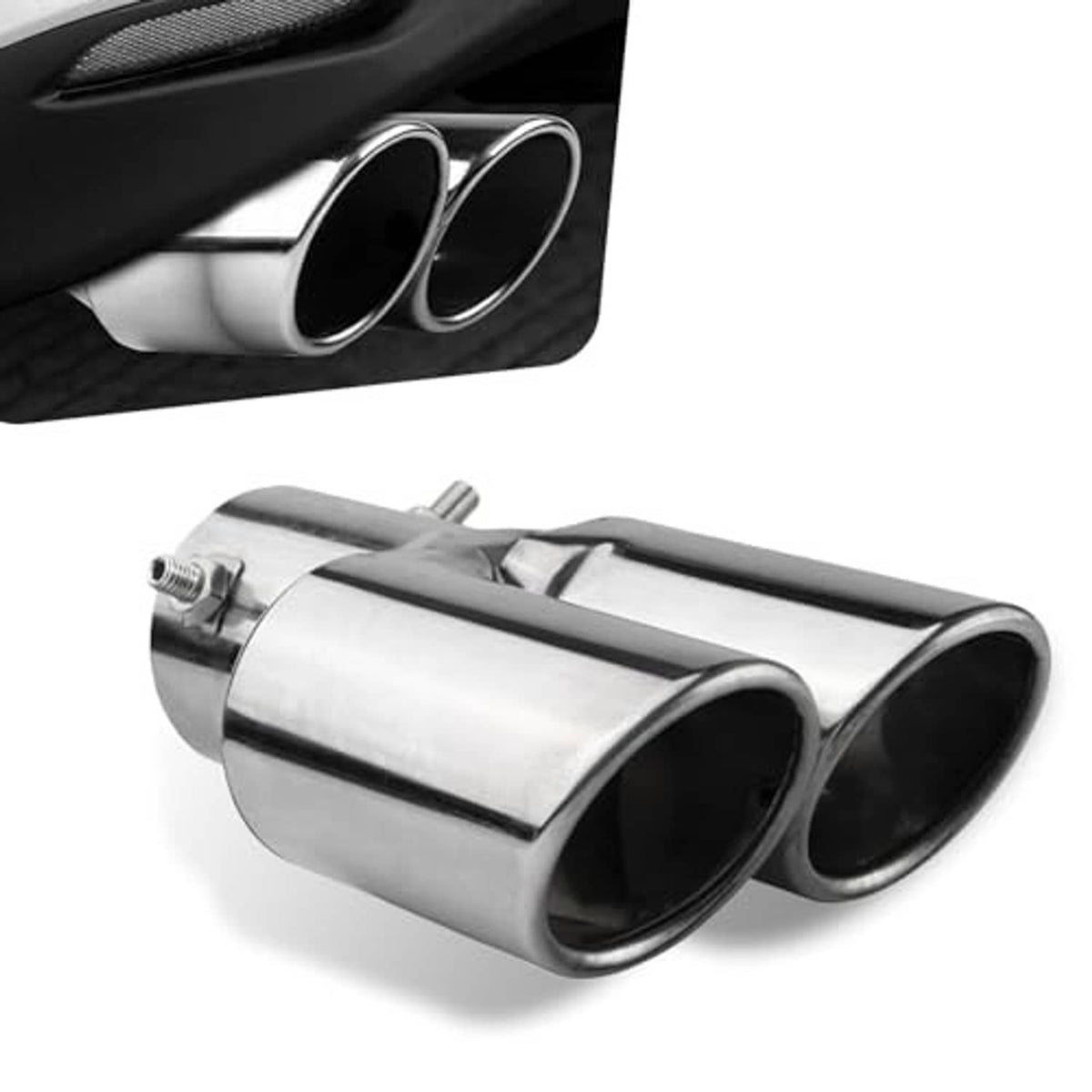 Silver stainless steel dual-outlet straight exhaust tip with twin round black openings