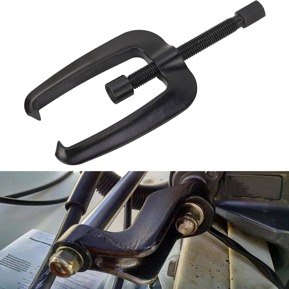 Black hydraulic steering support bracket puller tool with U-shaped jaws and threaded screw