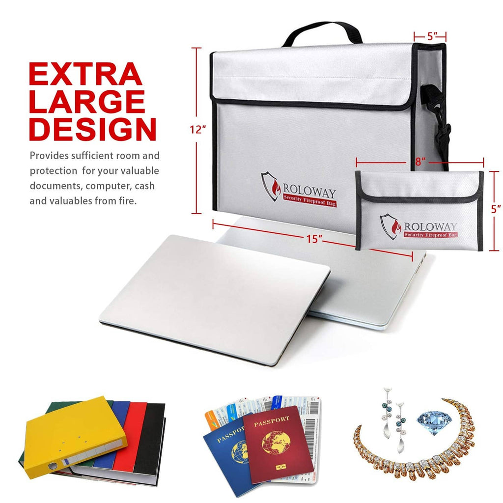 Large white fireproof bag with double compartments and included document sleeves