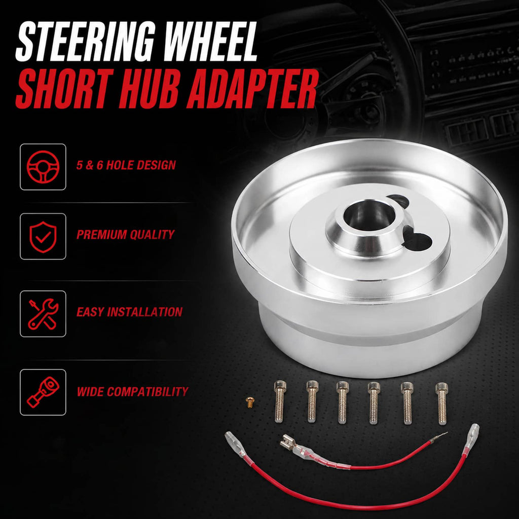 Silver aluminum 5- and 6-hole steering wheel hub adapter with bolt kit