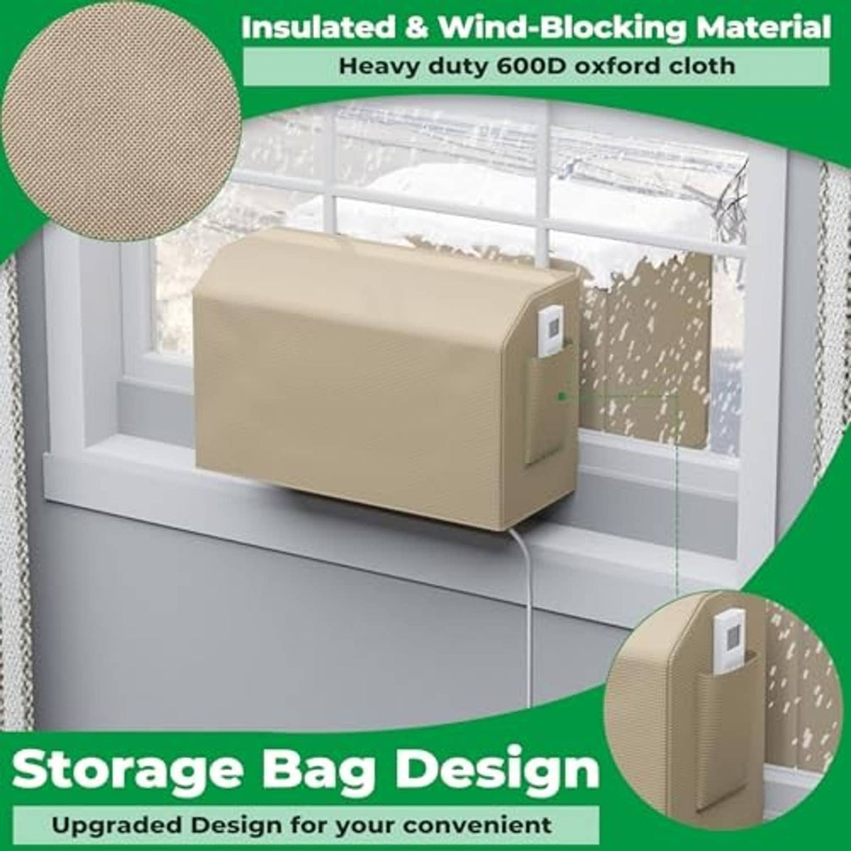 Beige heavy-duty fabric window AC cover with built-in storage bag side pouch.