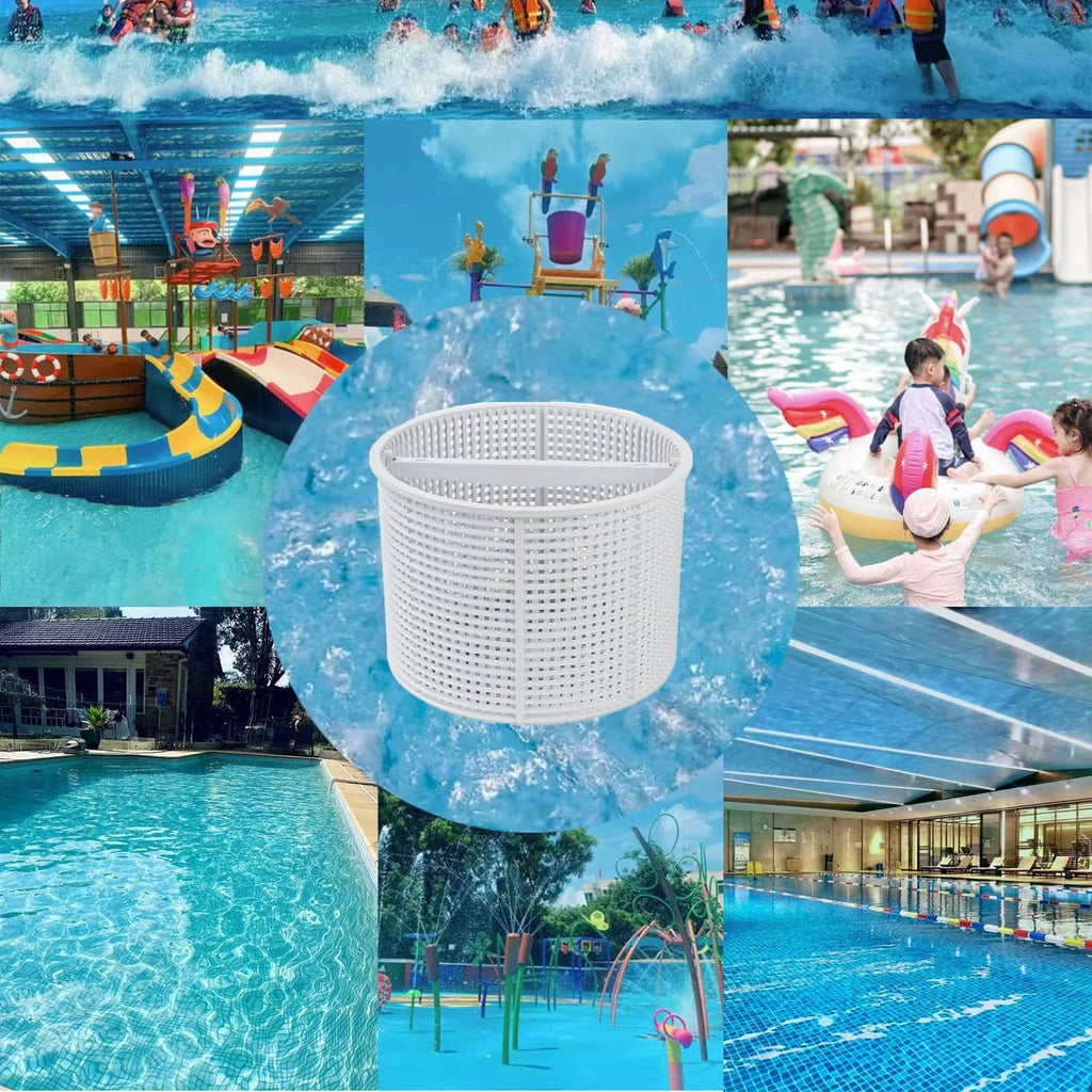 White round pool skimmer basket replacement with perforated mesh for pool debris removal