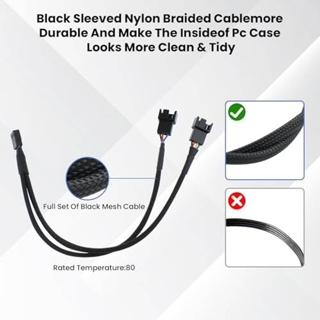 Black sleeved nylon braided PWM fan splitter cable with two plug connectors