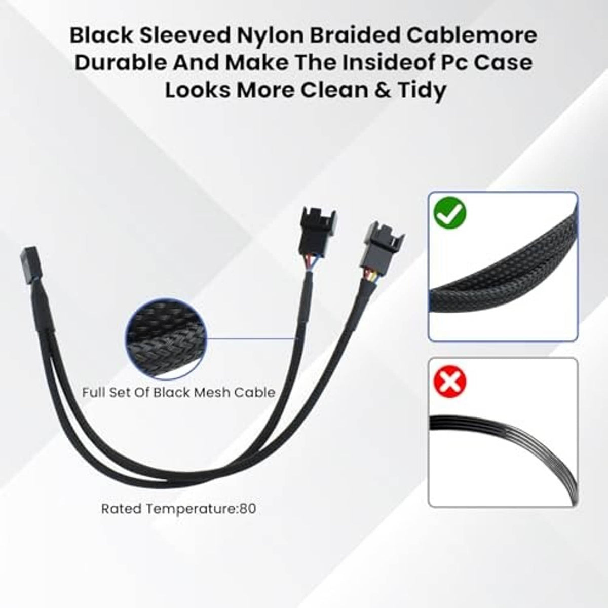 Black sleeved nylon braided PWM fan splitter cable with two plug connectors