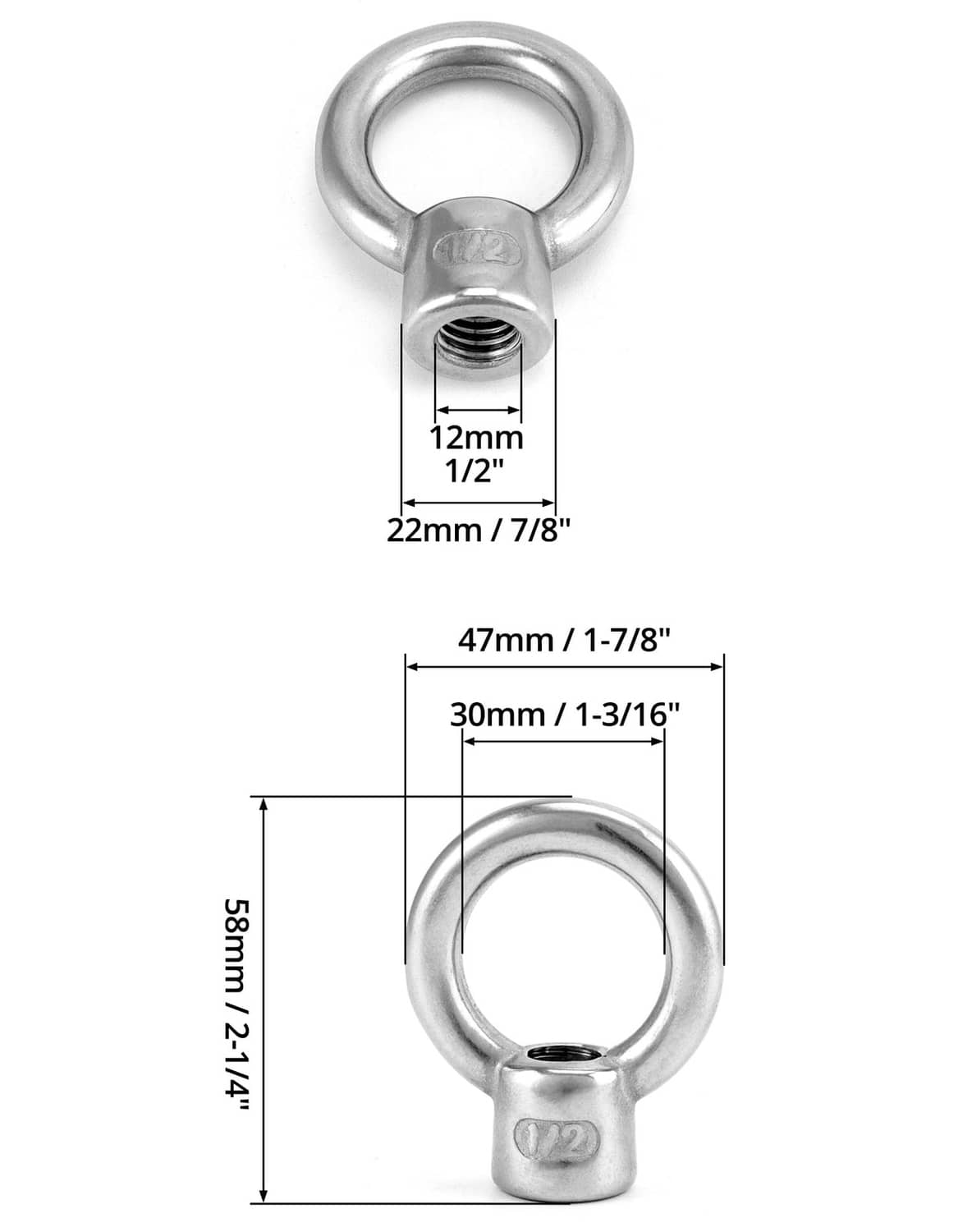 Stainless 1/2 in UNC lifting eye nut with dimensions: 12mm, 47mm, 30mm