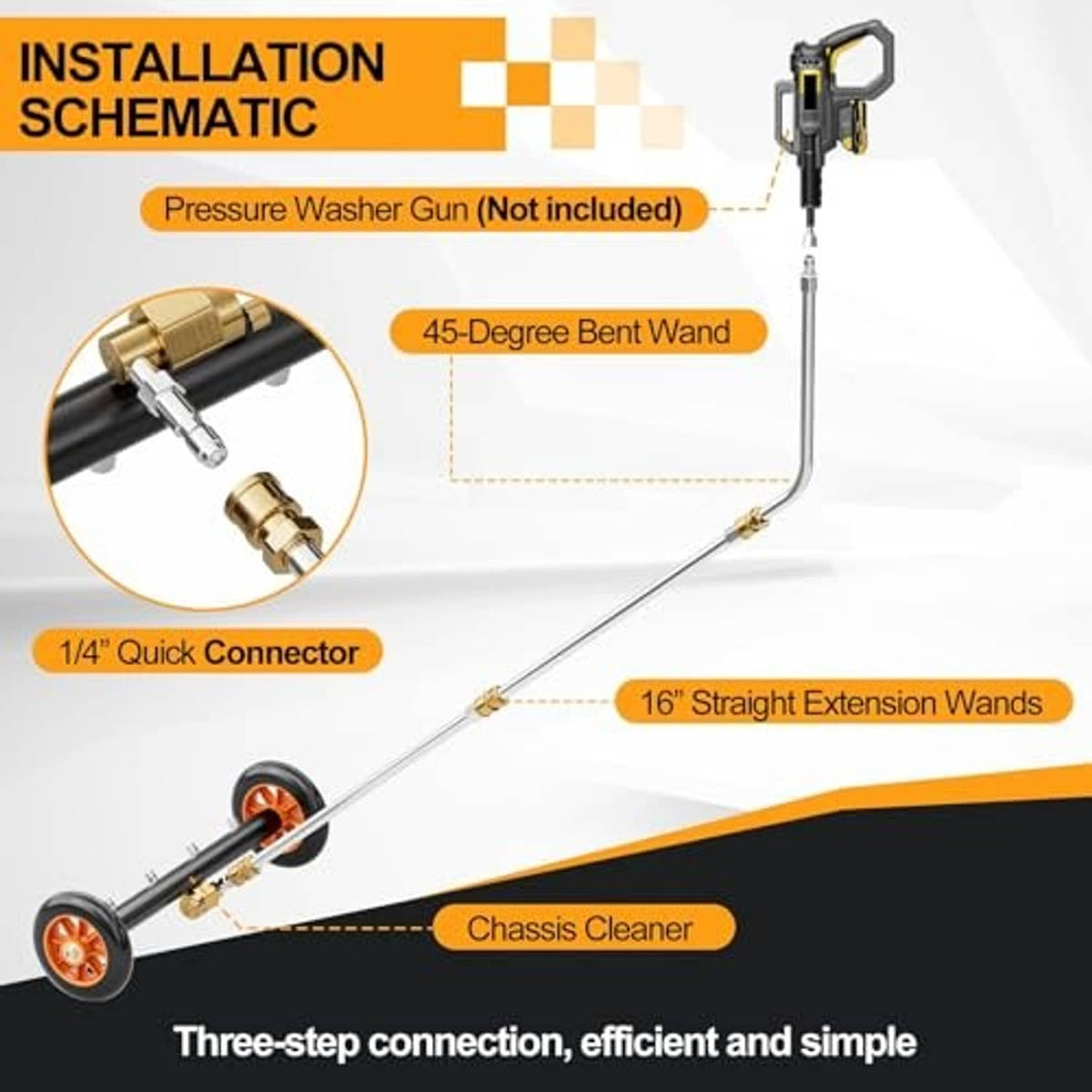 Quick-plug undercarriage cleaner with 45-degree bent wand and extension wands