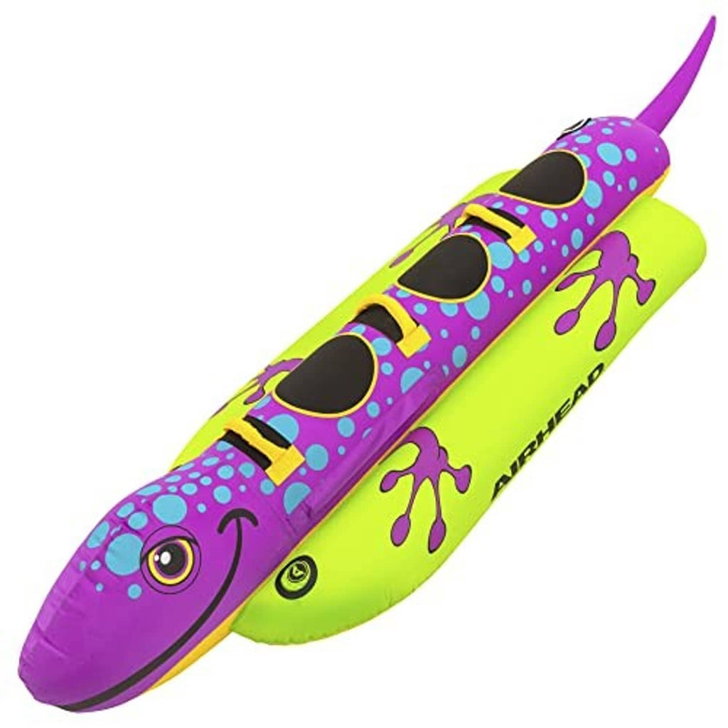 Purple and green salamander towable tube with fin-like handle and black side grab handles