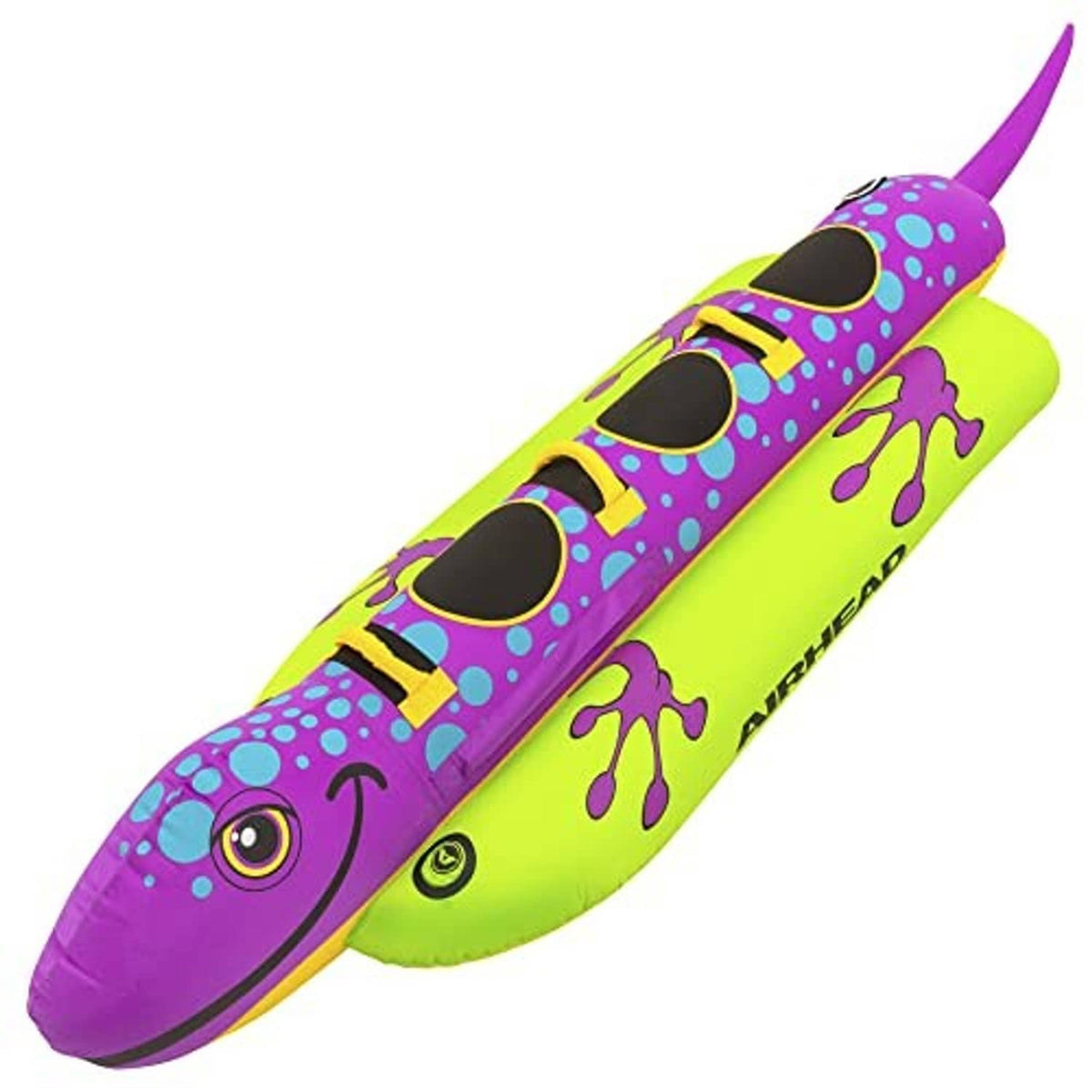 Purple and green salamander towable tube with fin-like handle and black side grab handles