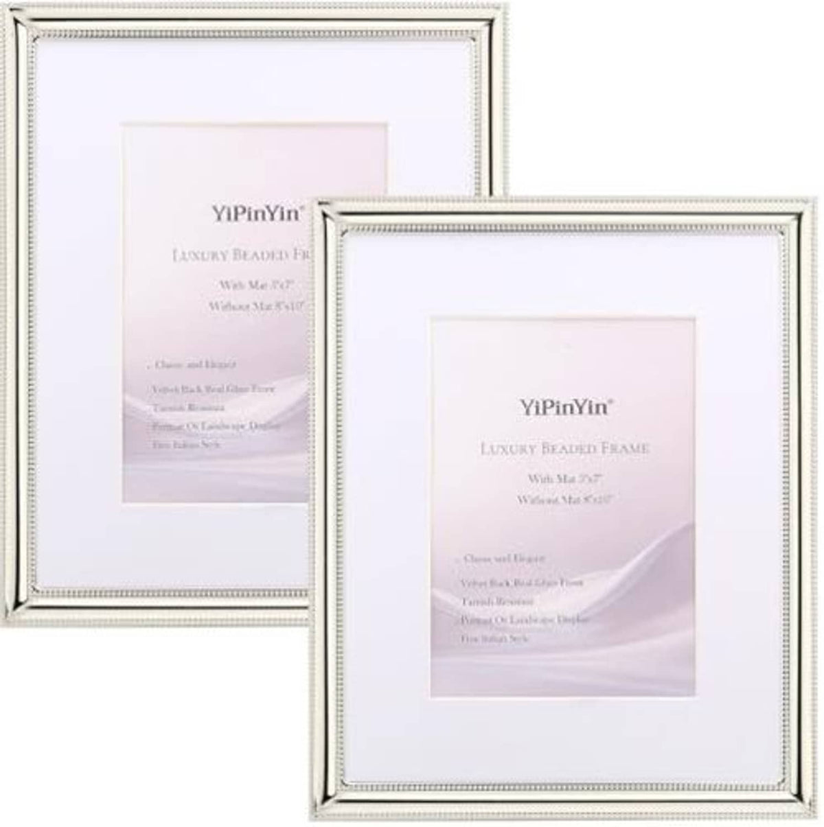 Silver metal 8x10 picture frames with white mats and beaded trim, two-pack view