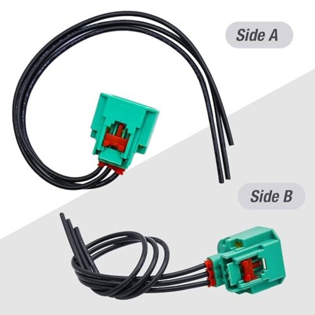 Headlight wiring connector harness with two green socket connectors and black wire leads