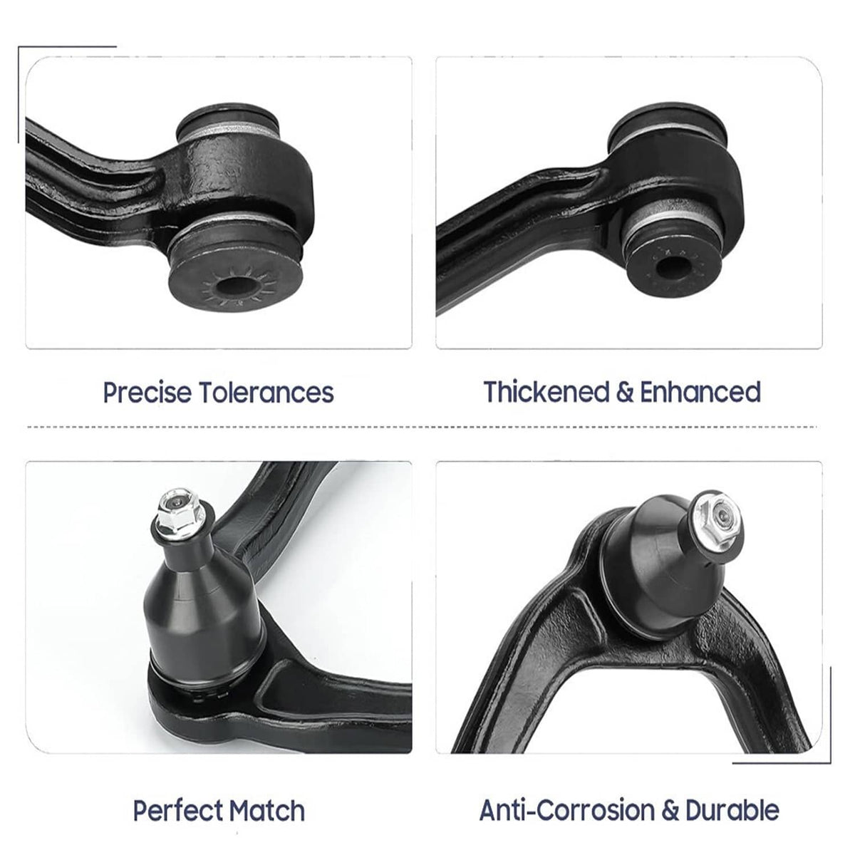 Black control arm links with round bushing ends, close-up view.