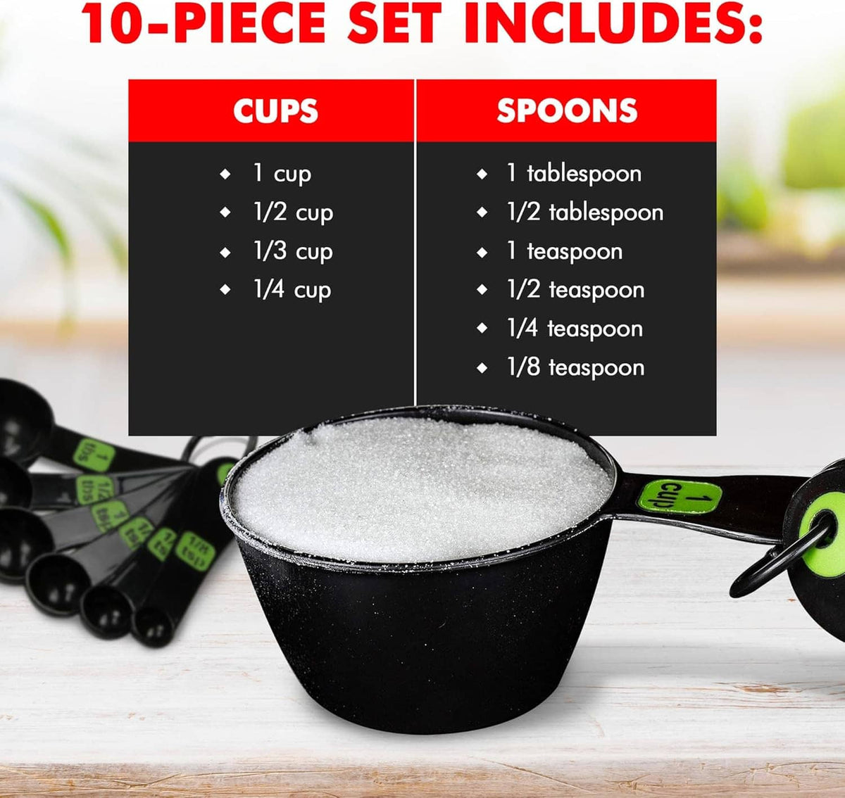 Black plastic measuring cup set with green labels and spoon, part of 10-piece set