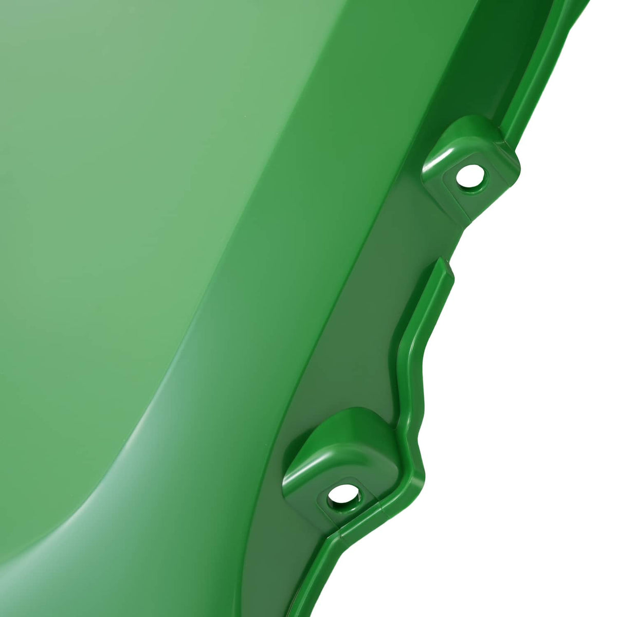 Green right hood panel mounting area with circular holes and raised edge detail