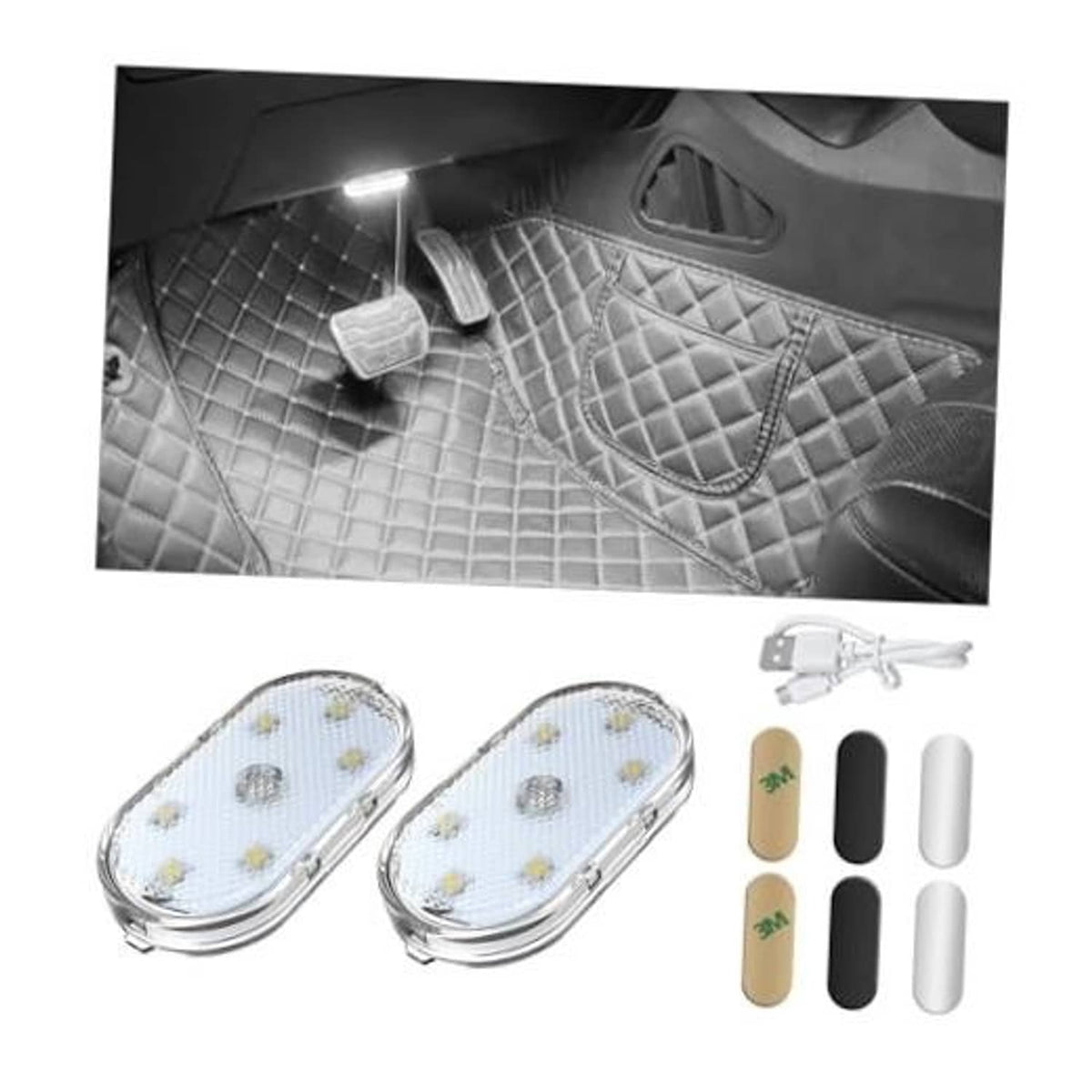 Set of two oval white car LED ambient lights with magnetic backs and USB cable