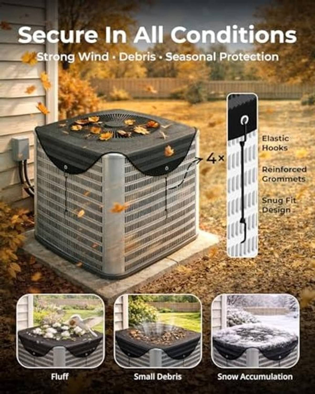 Black mesh AC cover secured with elastic hooks and grommets for outdoor use