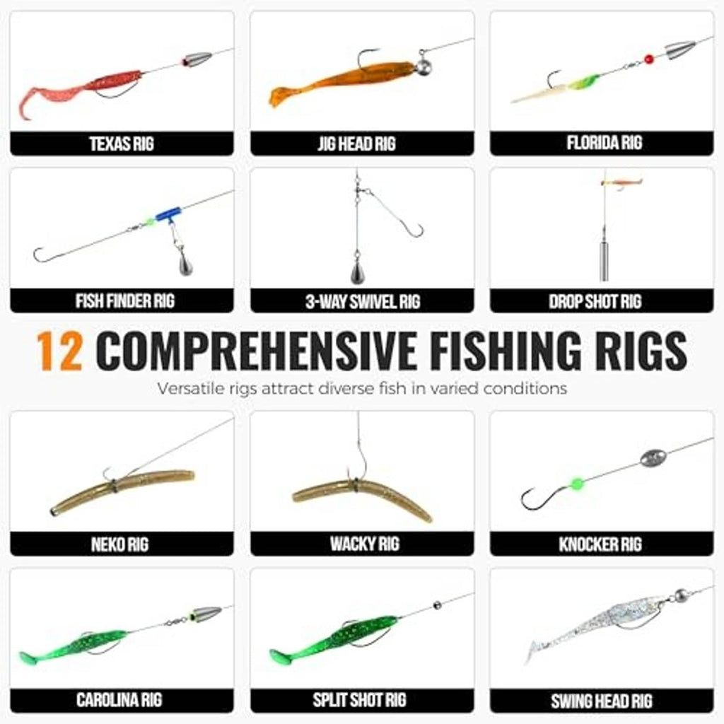 Fishing rigs set with lures, hooks, swivels, and sinkers on line accessories