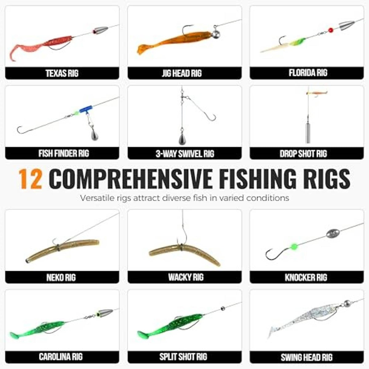 Fishing rigs set with lures, hooks, swivels, and sinkers on line accessories