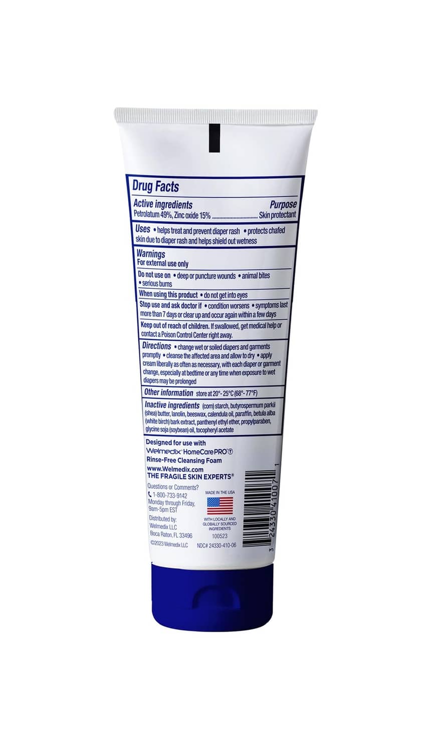 Welmedix HomeCare PRO zinc oxide diaper rash cream tube, ingredients and directions.