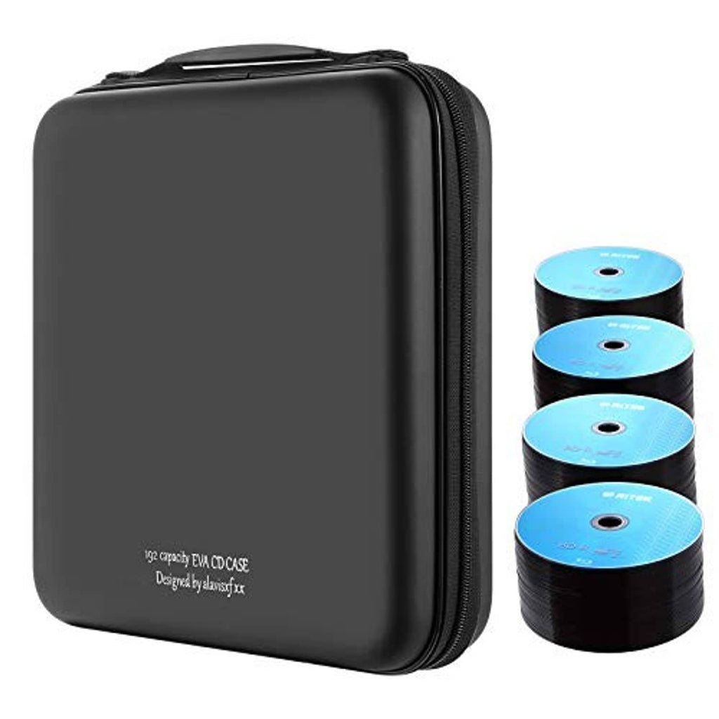 Black CD disc case holding stacked blue discs with center labels