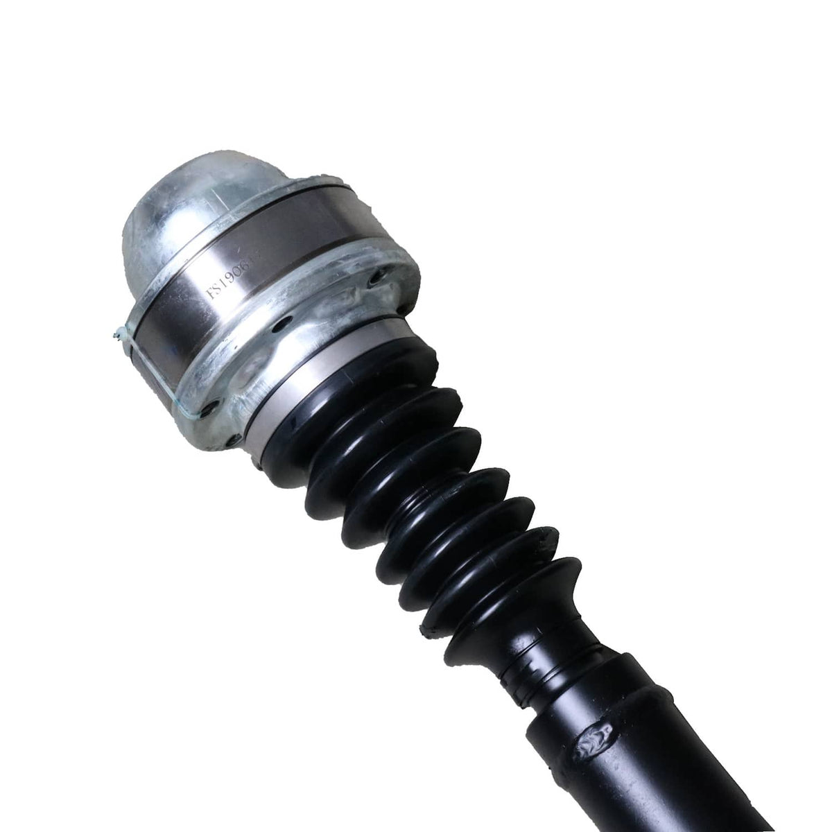Close-up of front drive shaft with silver housing and black boot over the joint