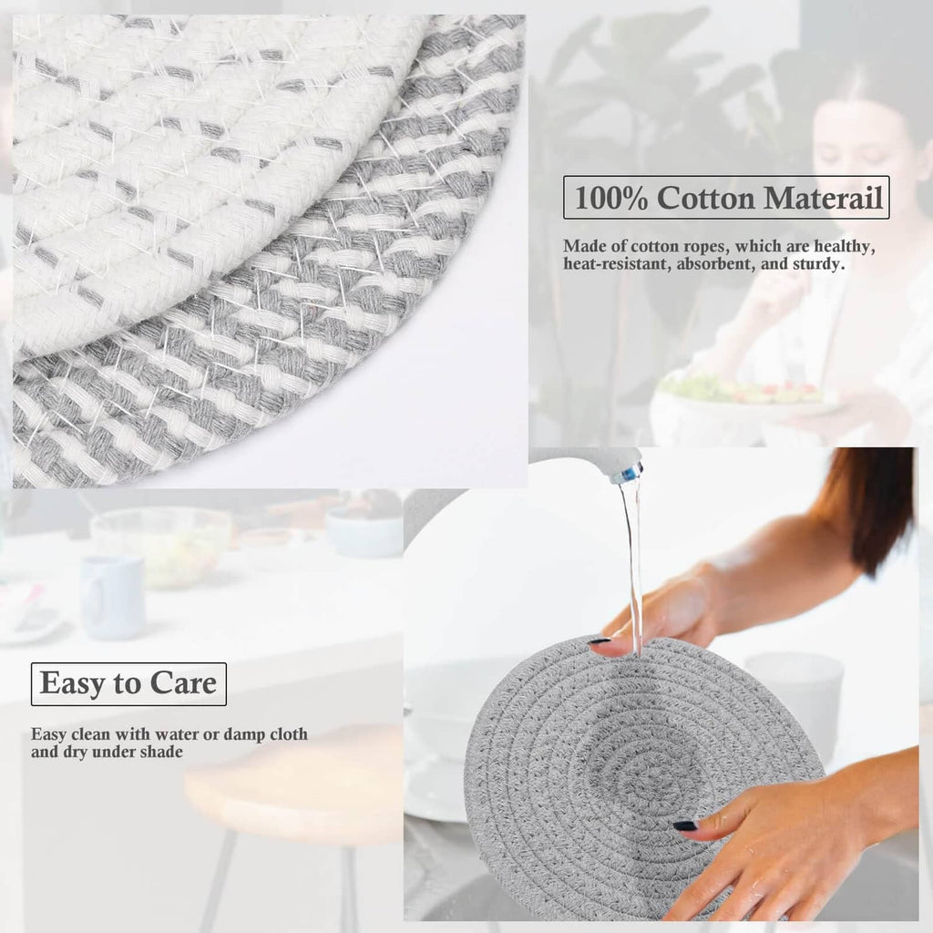 Woven gray and light gray cotton dish trivet pad with rope-like texture