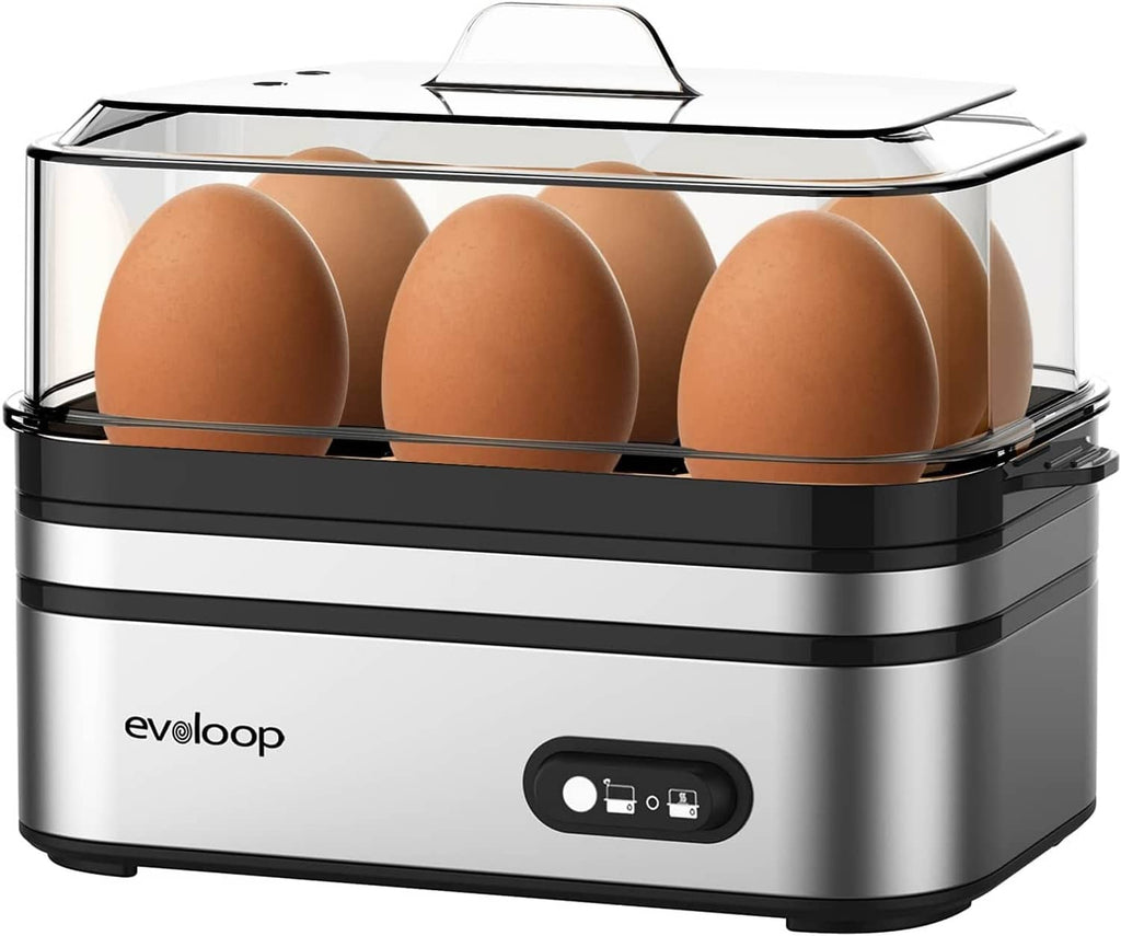 Electric egg cooker with clear lid and six-egg tray, silver-gray base