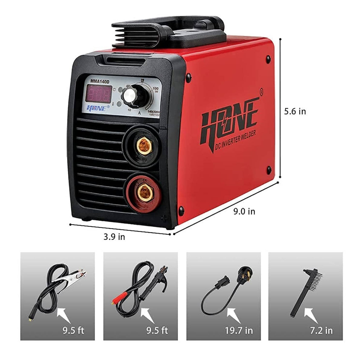 Red stick welder shown with size markers and included cable and adapter views