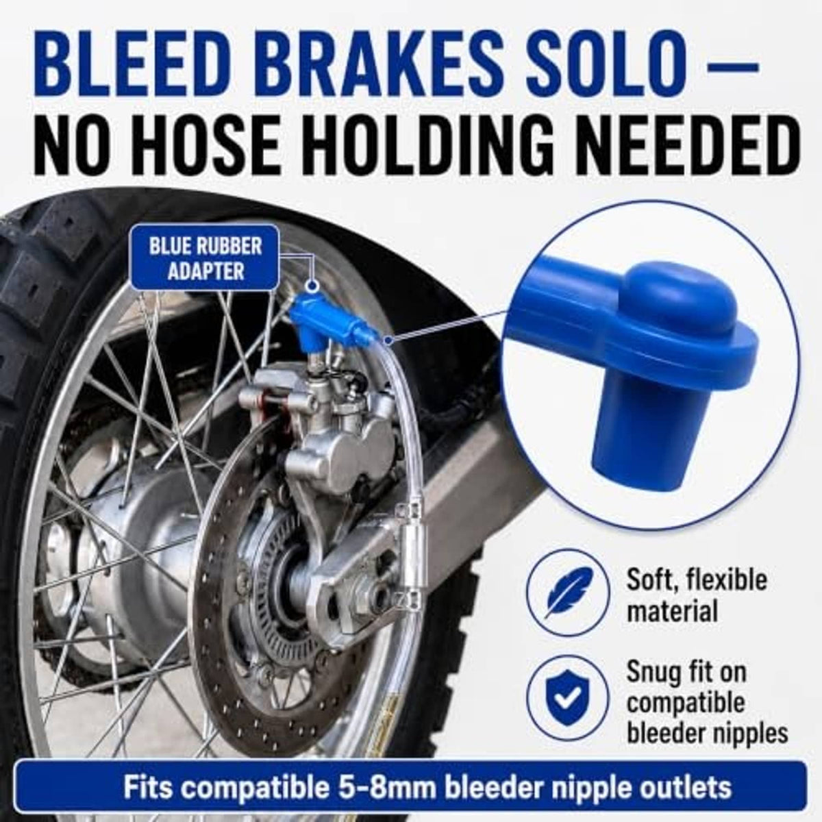 Brake bleeder kit hose with blue rubber adapter and clear tubing for one-person bleeding