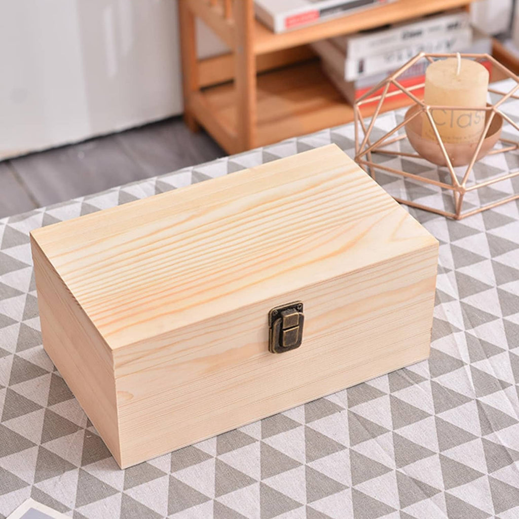 Unfinished wooden box with hinged lid and metal clasp, closed for storage.