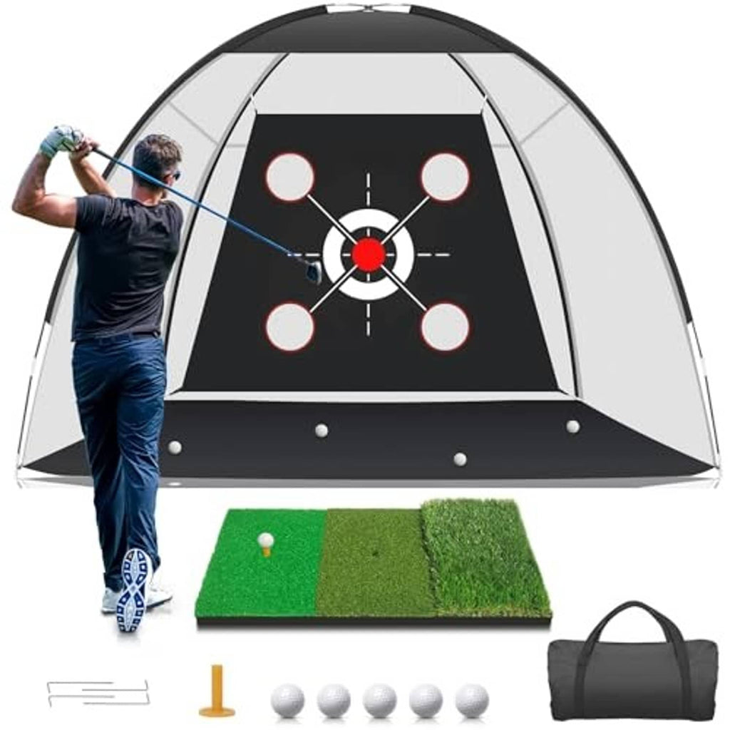 Golf practice net with black target board and red circular targets, with golfer swing and mat