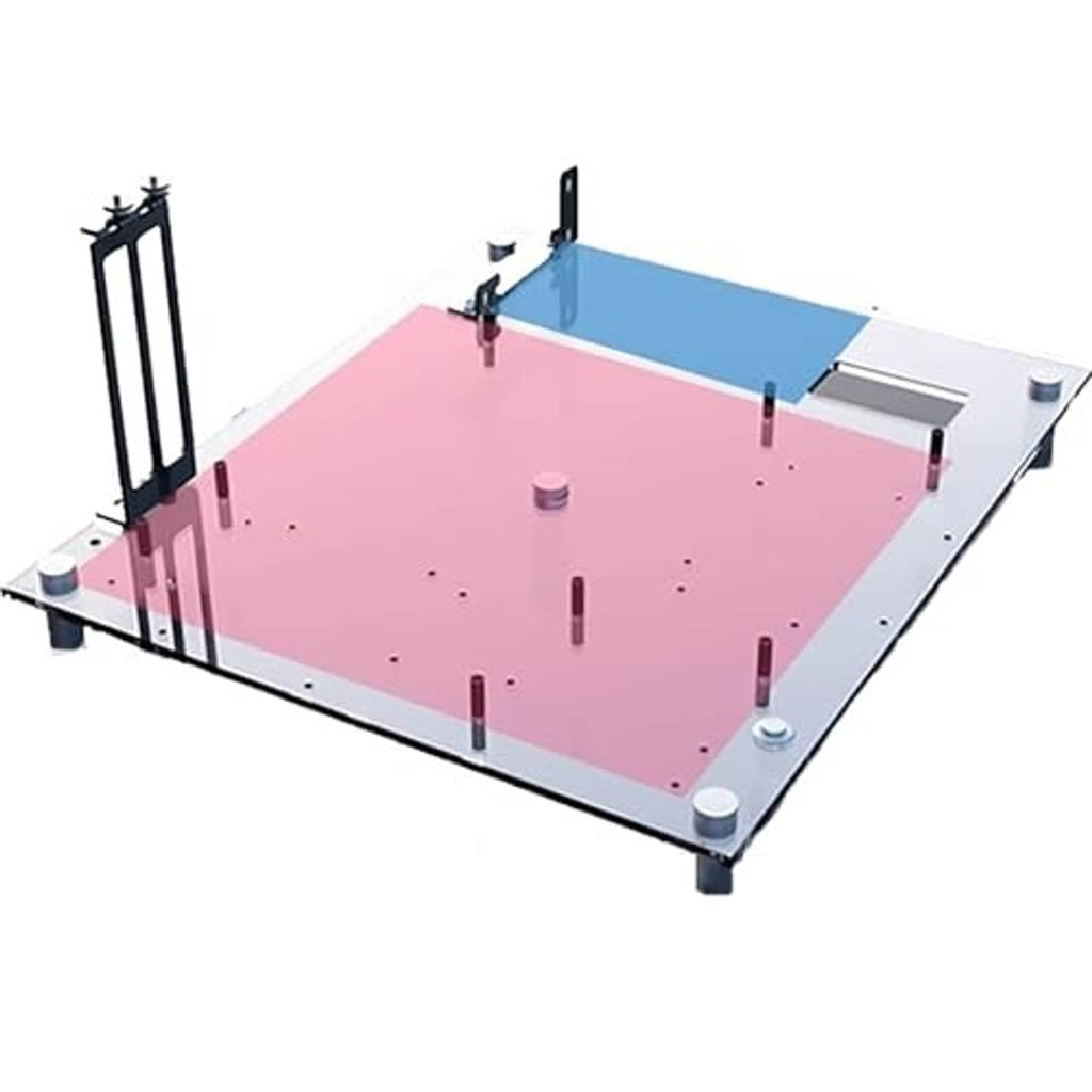 Open-frame PC test bench on metal feet with pink base, blue rear bracket, and I/O cutouts