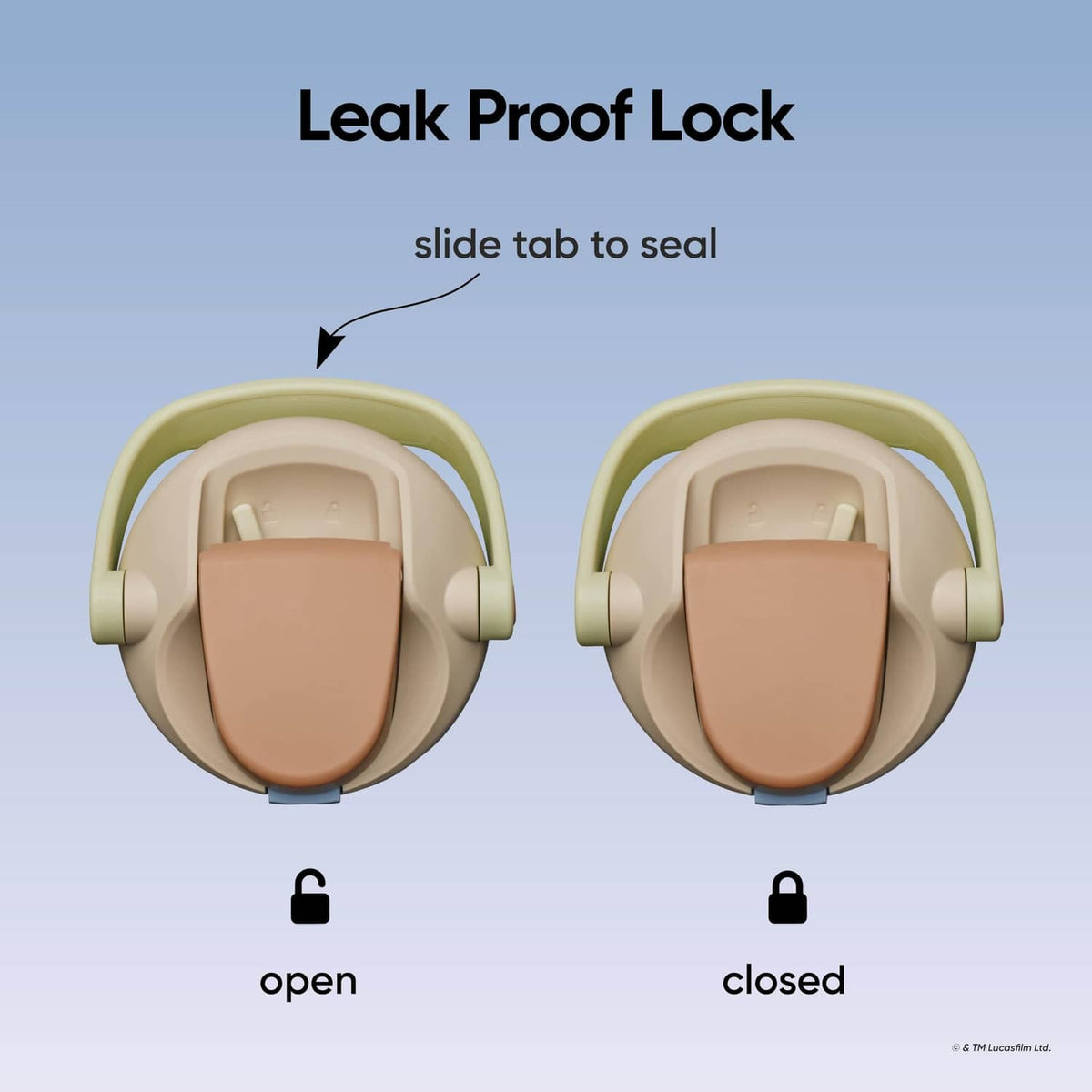 Owala FreeSip water bottle lid with leak-proof lock, open and closed views