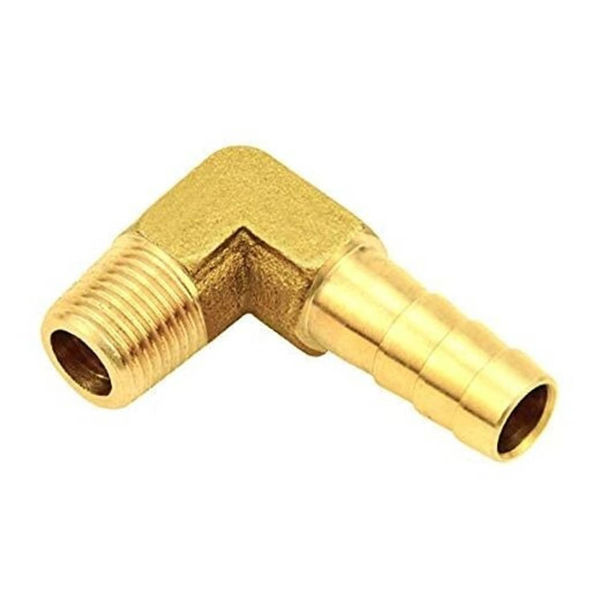 Brass 90-degree hose barb elbow fitting with 1/8" male NPT threads and barb end