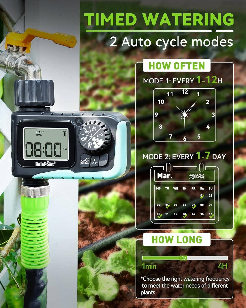 Programmable hose water timer with LCD display, dial controls, and quick-connect spout
