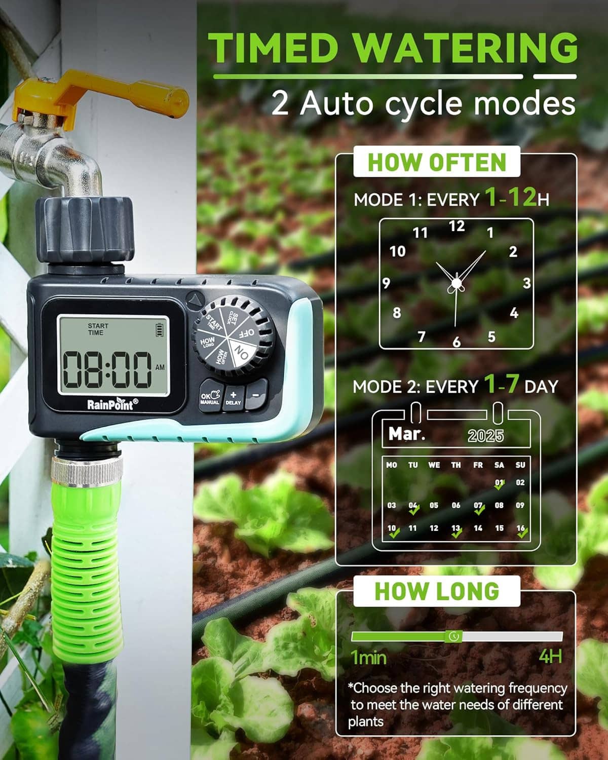 Programmable hose water timer with LCD display, dial controls, and quick-connect spout