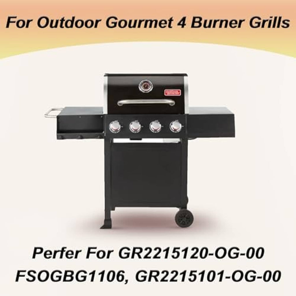 Black four-burner outdoor grill with control knobs and lid handle, front view