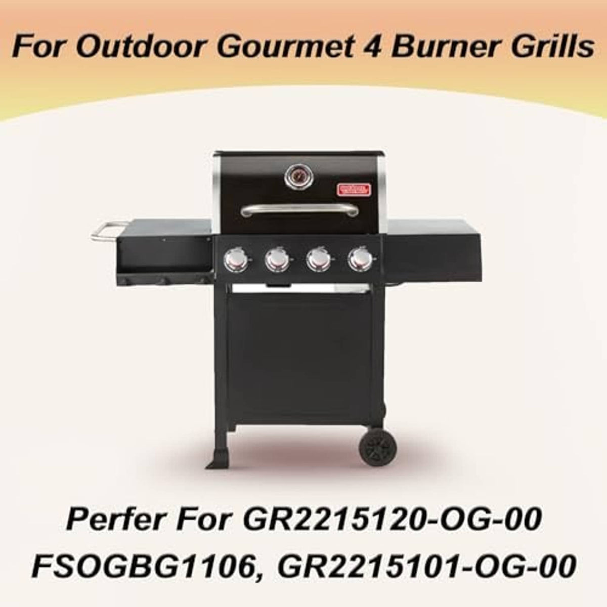 Black four-burner outdoor grill with control knobs and lid handle, front view