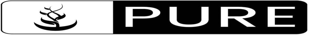 PURE logo with drop icon in black on a white rectangular label