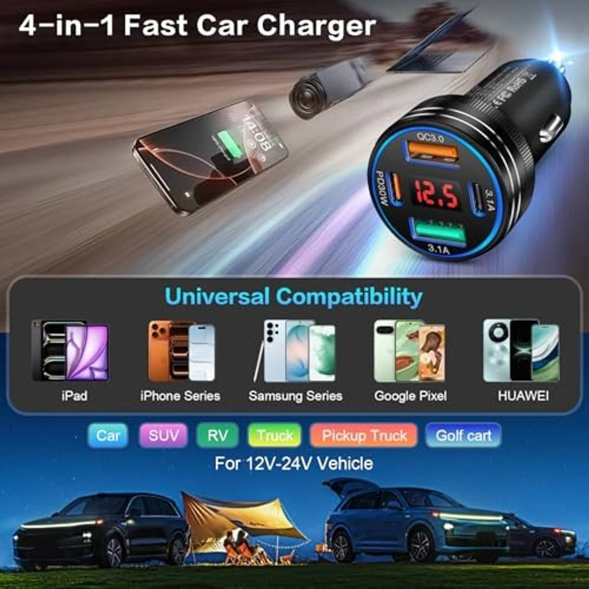 Black 4-in-1 fast car charger with blue LED voltage display and multiple USB outputs