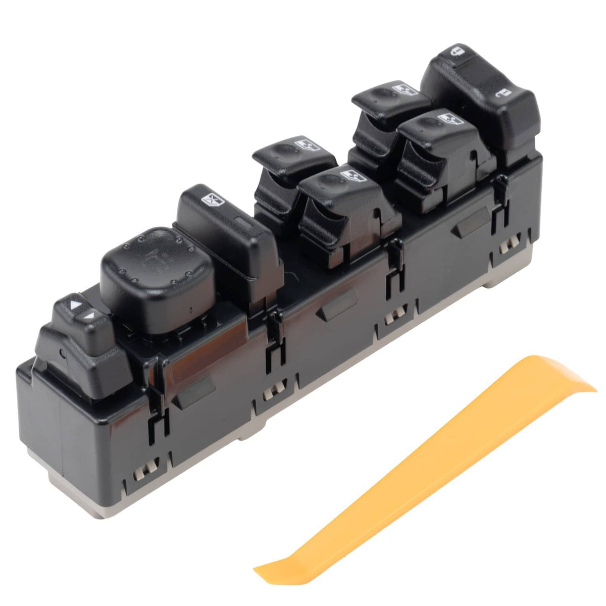 Black master window switch module with multiple rocker buttons and lock control