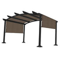 Outdoor pergola shade cover with brown fabric panels and black metal frame, side and top sections